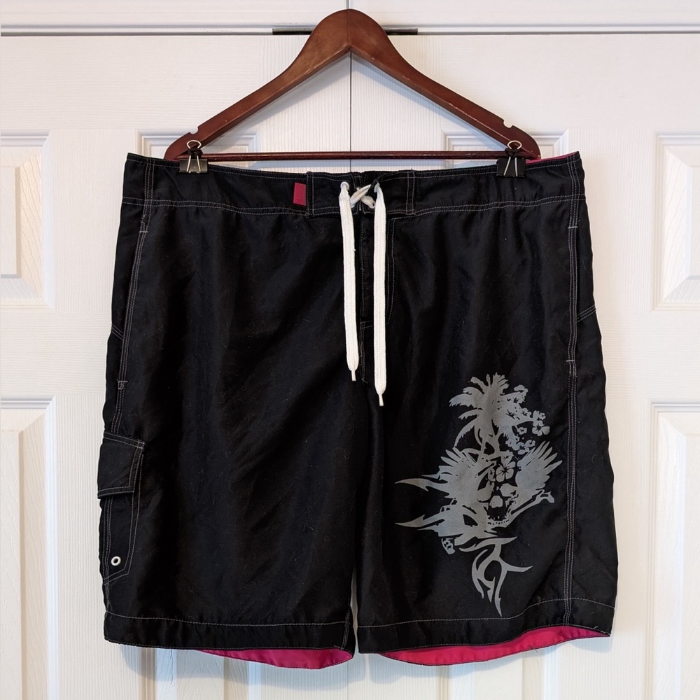 Y2K Vintage Men’s Board Shorts Skull Pink and Black Lace Up Swim Trunks Size XL